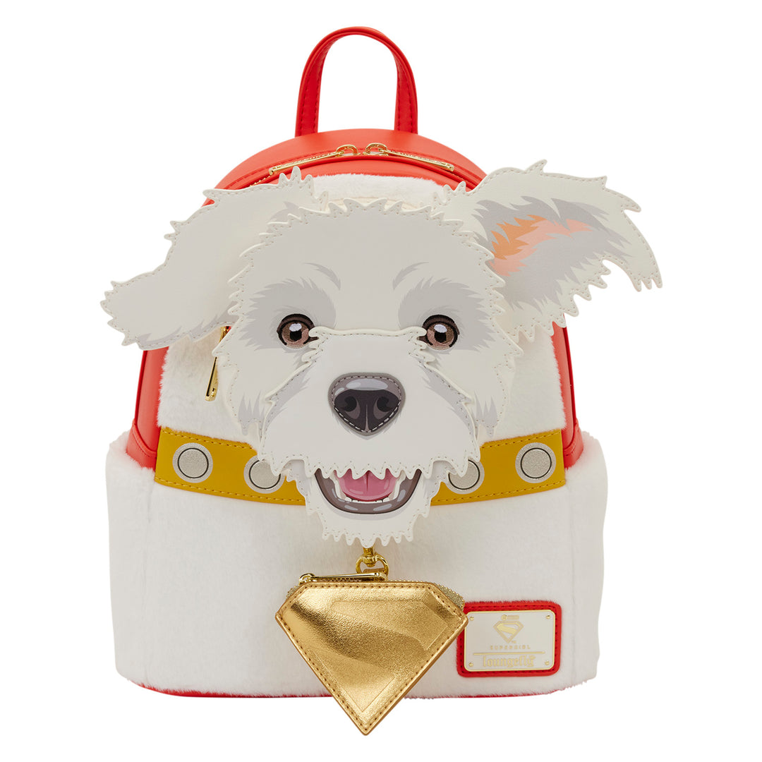Dog-shaped backpack with a gold tag on a white background