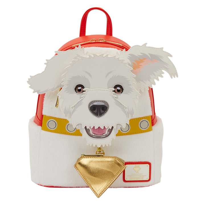 Dog-shaped backpack with a gold tag on a white background