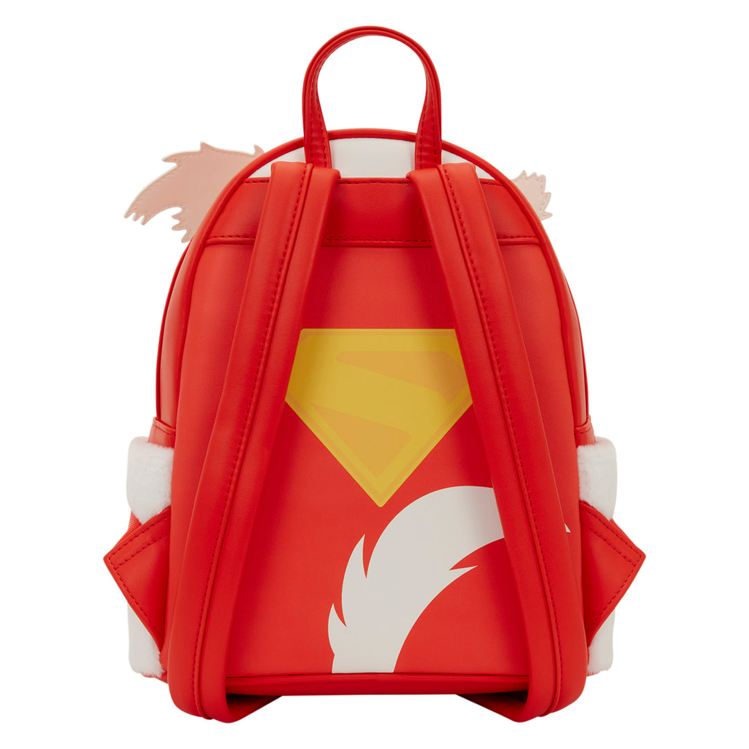 Red backpack with a yellow emblem and white accents on a white background