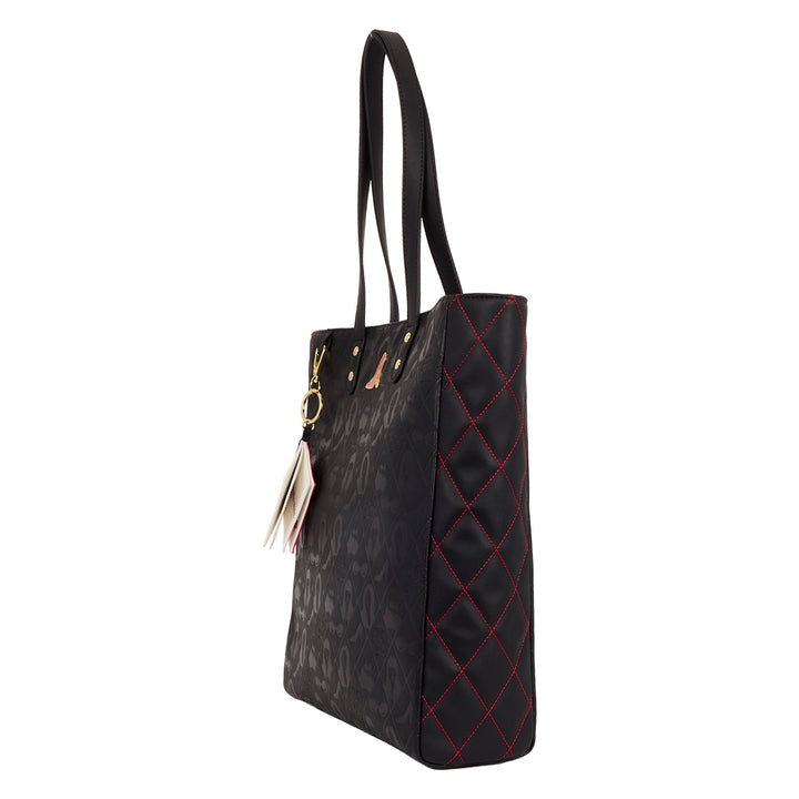 Black quilted handbag with red stitching on a white background