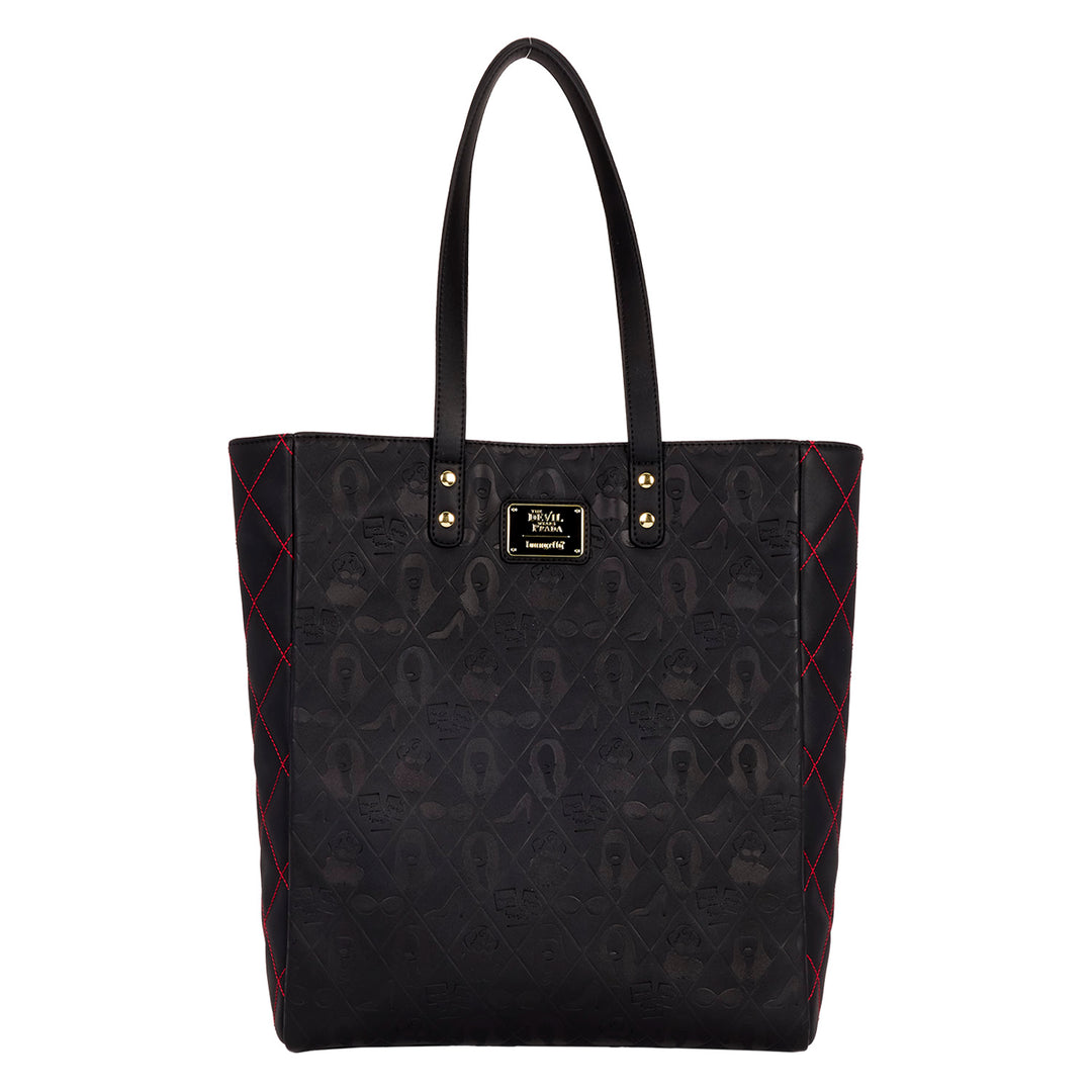 Black tote bag with red accents on a white background