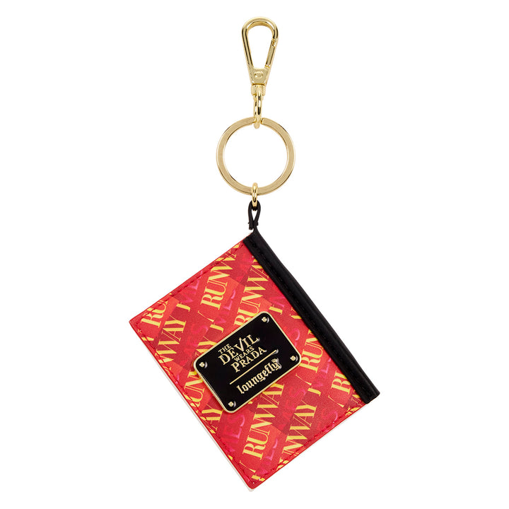 Keychain with red and gold design and black pouch on a white background