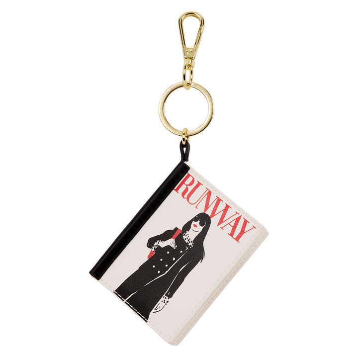 Keychain with a card featuring a fashion design and the word 'Runway'.
