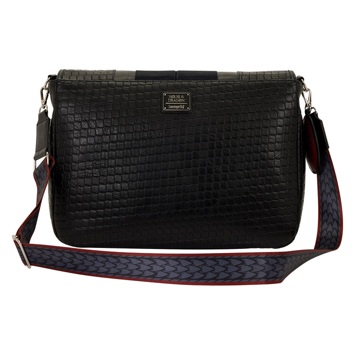Black textured handbag with a visible brand label on a white background