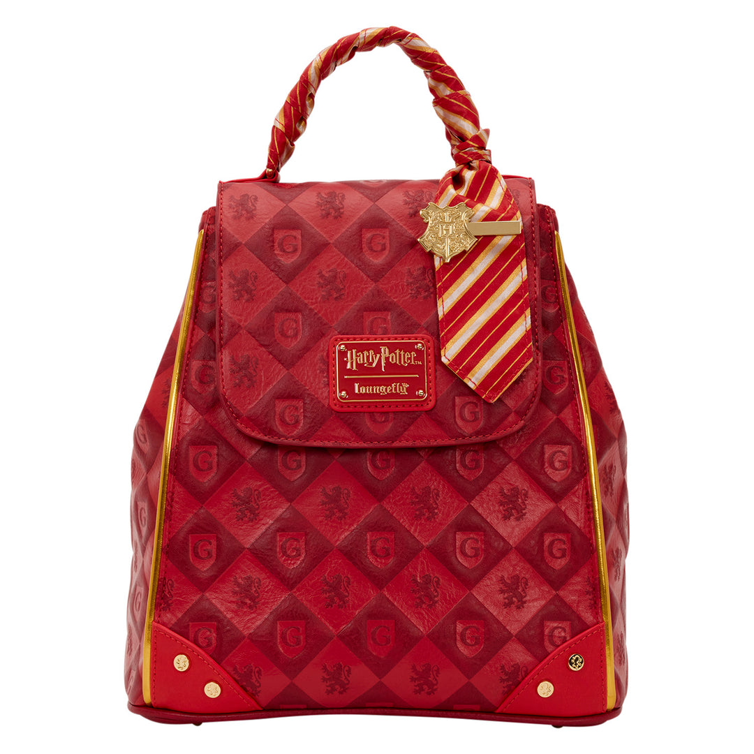 Red backpack with Harry Potter logo and tie detail on a white background