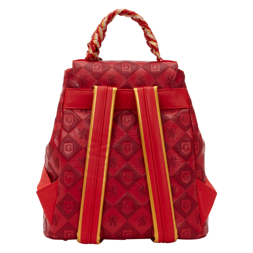 Red patterned backpack with gold accents on a white background