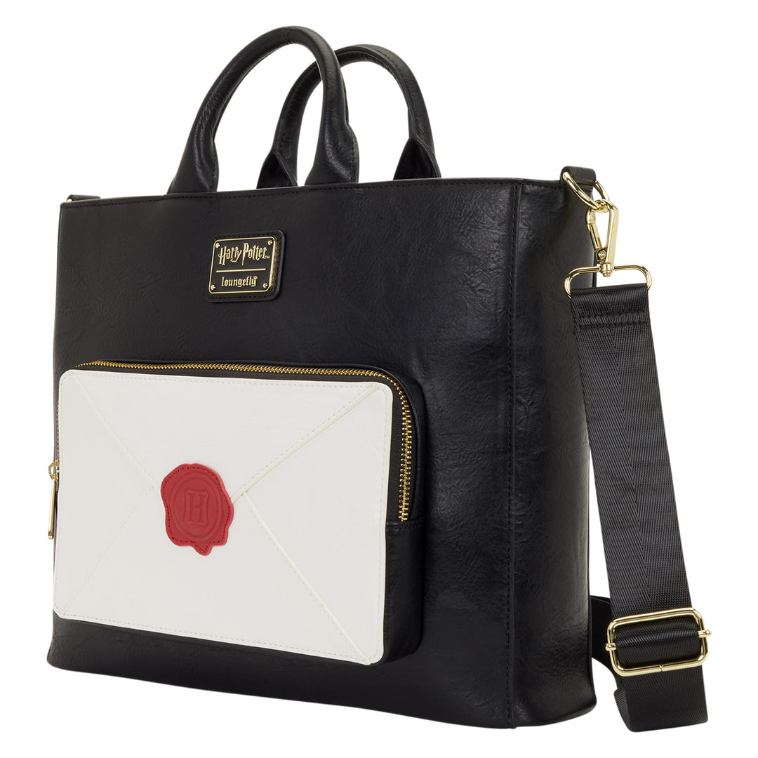 Black handbag with white pocket featuring a red seal, Harry Potter logo on a gold tag.