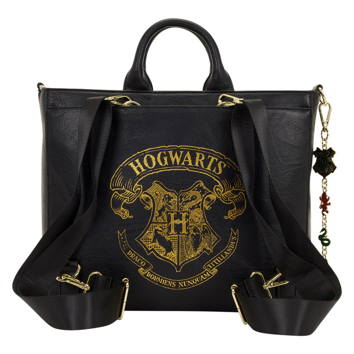 Black bag with Hogwarts crest design on a white background