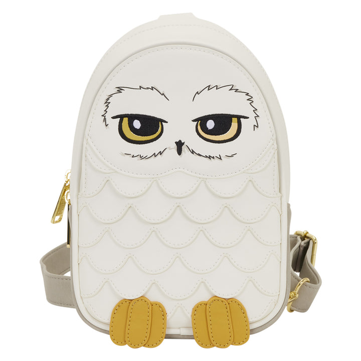 White owl-shaped crossbody bag with yellow accents on a white background