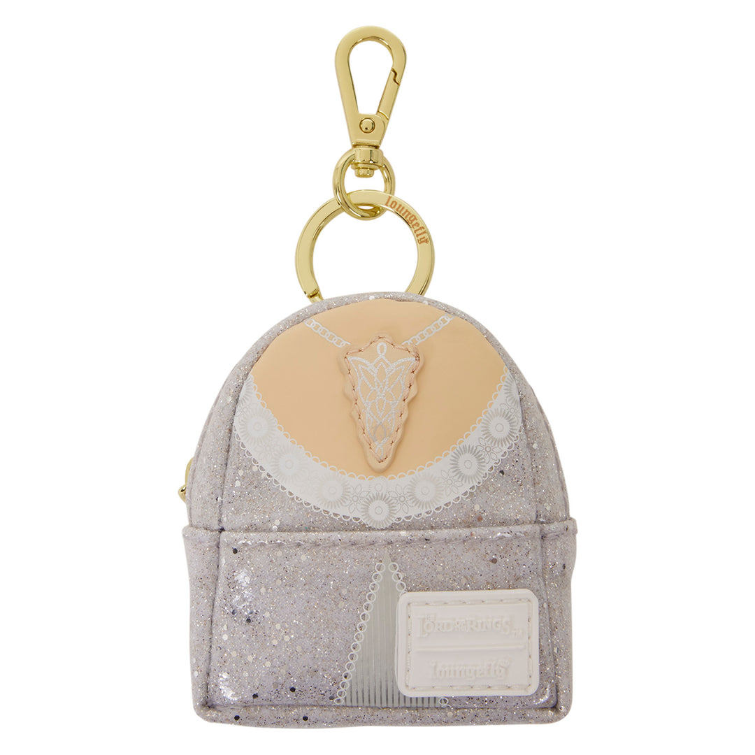 Small glittery bag-shaped keychain with a gold clasp on a white background