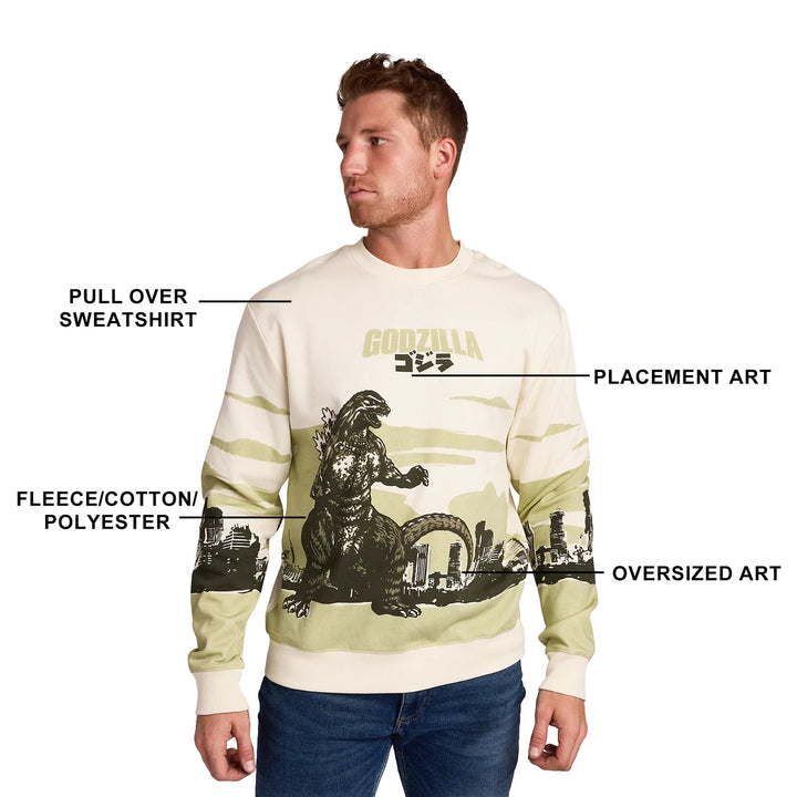 Godzilla Cityscape Men's White Crew Neck Long Sleeve Pullover Sweatshirt