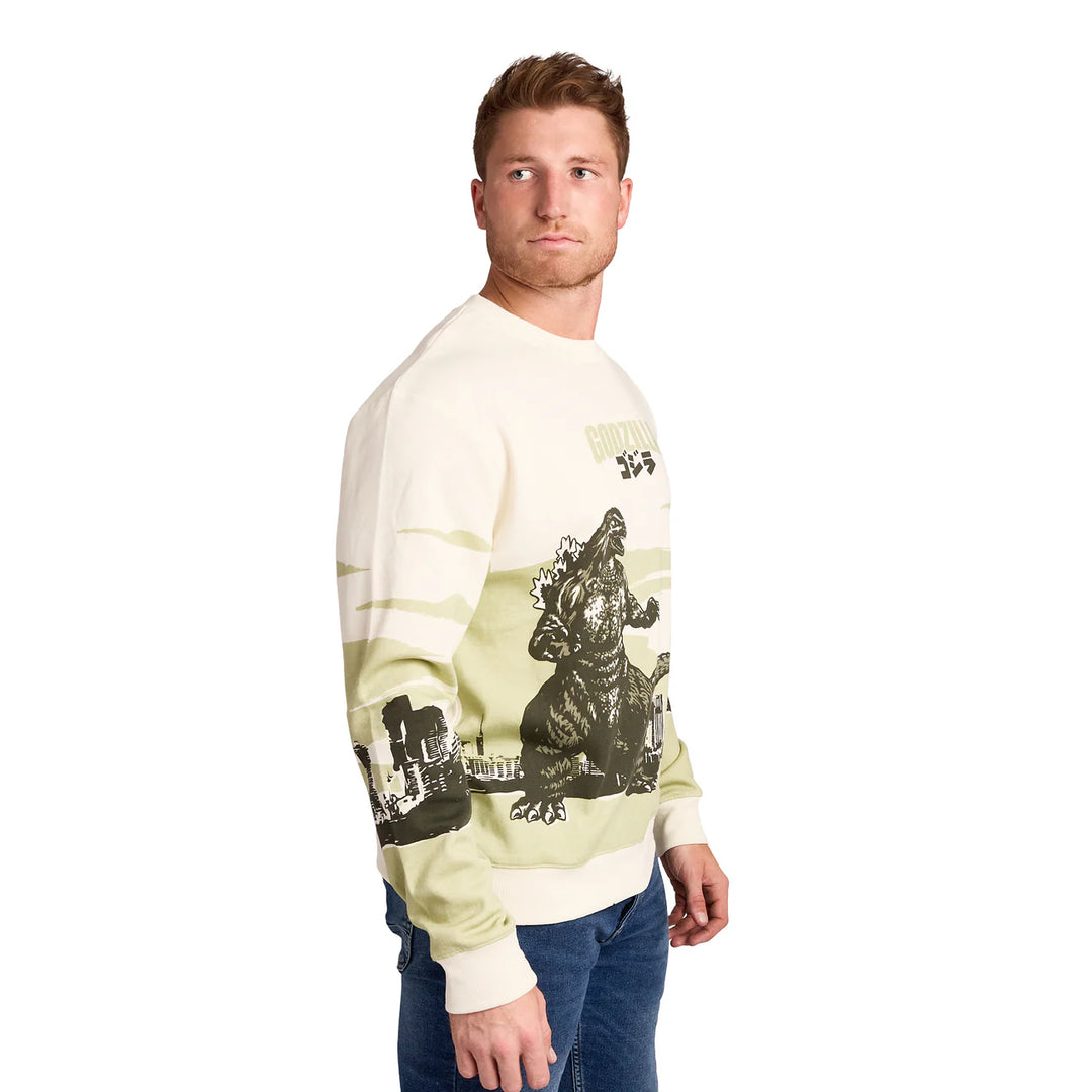 Godzilla Cityscape Men's White Crew Neck Long Sleeve Pullover Sweatshirt