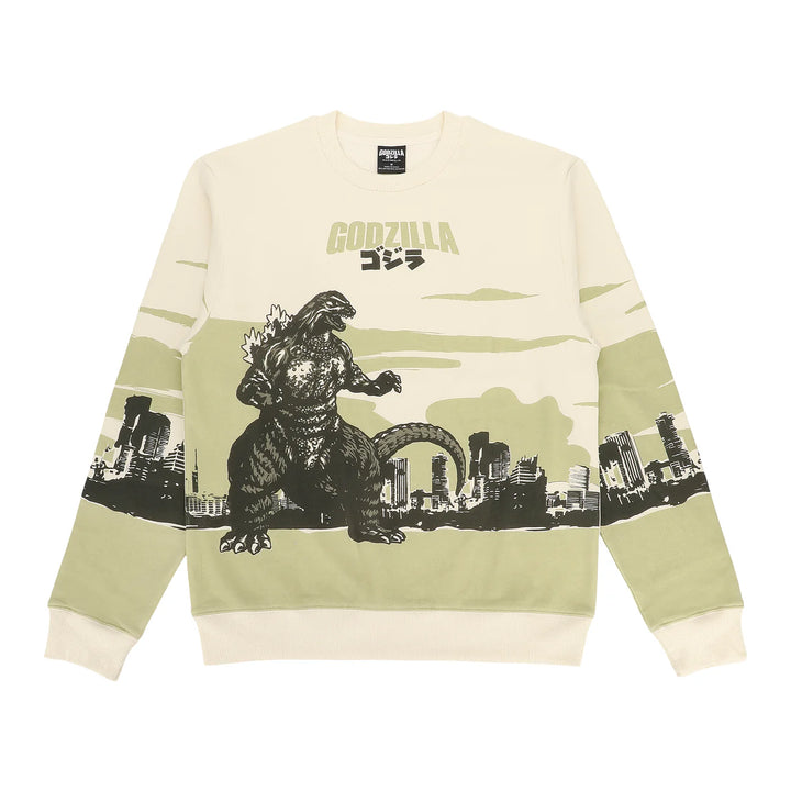 Godzilla Cityscape Men's White Crew Neck Long Sleeve Pullover Sweatshirt