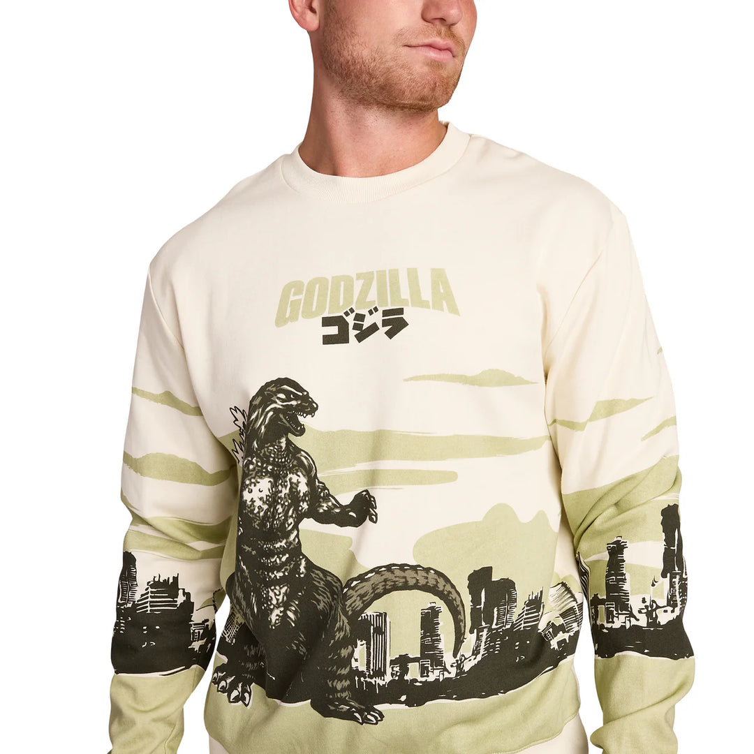 Godzilla Cityscape Men's White Crew Neck Long Sleeve Pullover Sweatshirt