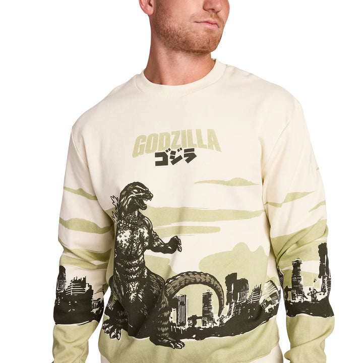 Godzilla Cityscape Men's White Crew Neck Long Sleeve Pullover Sweatshirt