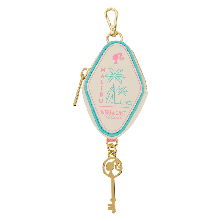 Keychain with palm tree design and 'Malibu' text on a white background
