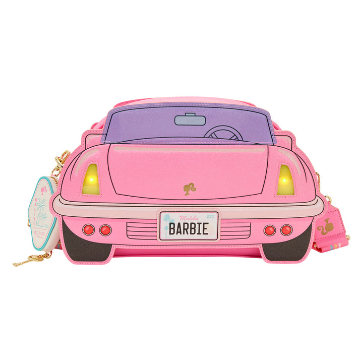 Pink car-shaped bag with 'Barbie' license plate on a white background