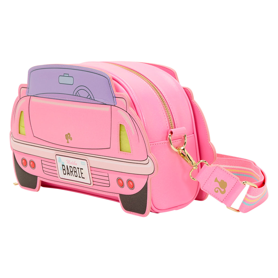 Pink car-shaped bag with a visible 'Barbie' license plate on a white background