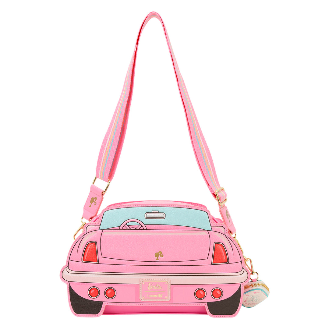 Pink car-shaped handbag with a white background