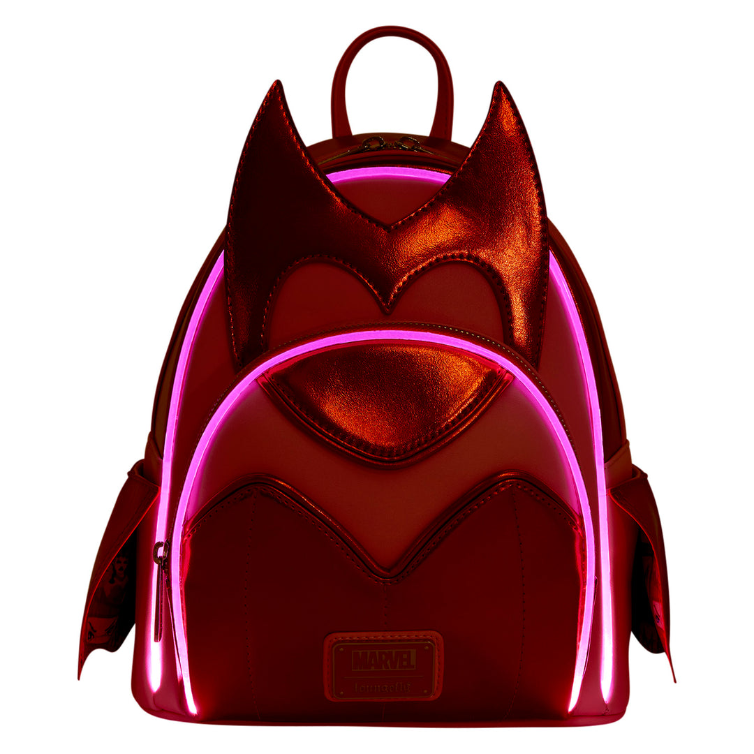 Marvel-themed backpack with glowing pink accents on a white background