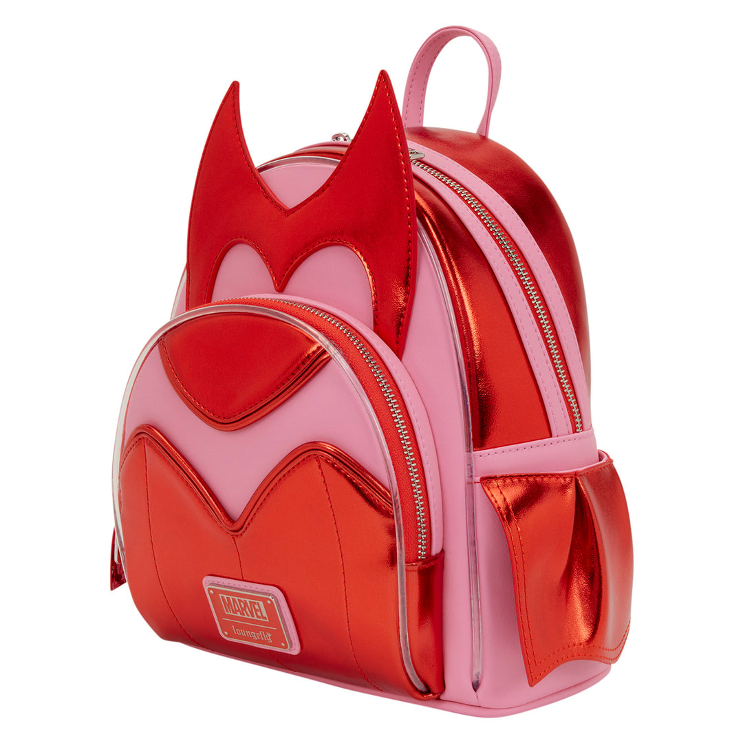Red and pink backpack with bat design on a white background