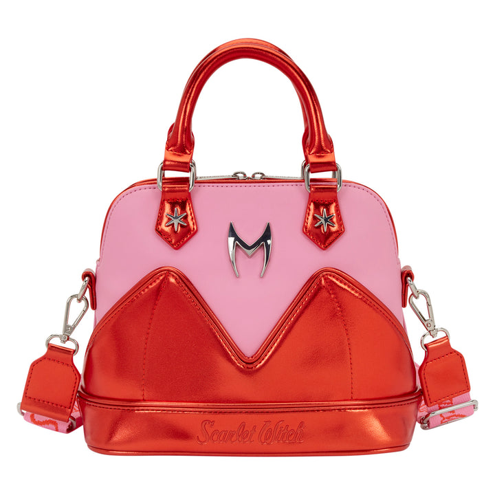 Pink and red handbag with a visible brand logo on a white background