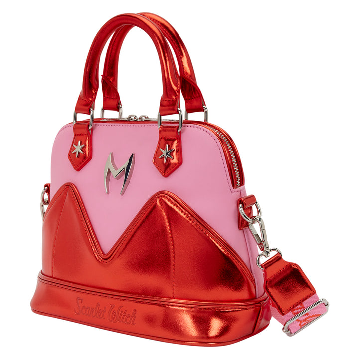 Pink and red handbag with a visible brand logo on a white background