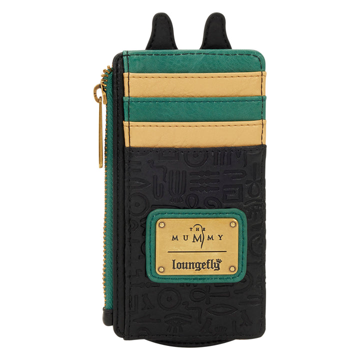 Multicolored wallet with 'The Mummy' Loungefly logo on a white background
