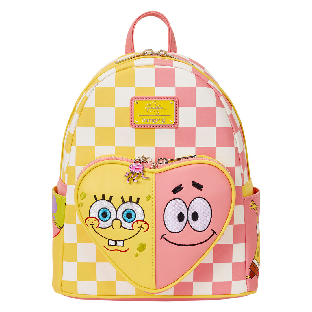 Backpack with checkered pattern and cartoon character faces on a white background