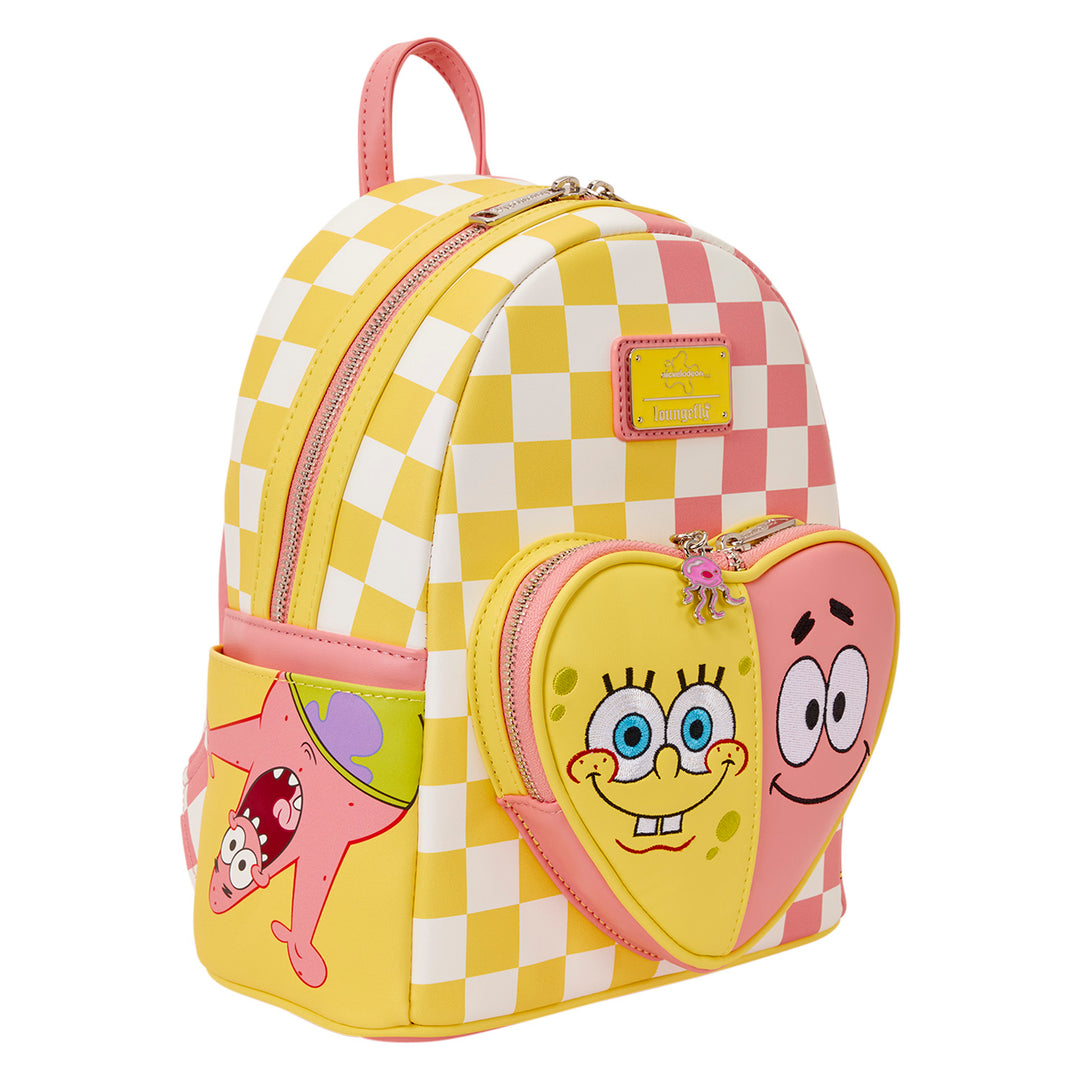 Checkered backpack with cartoon character face on a white background
