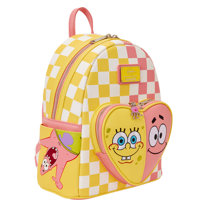 Checkered backpack with cartoon character face on a white background