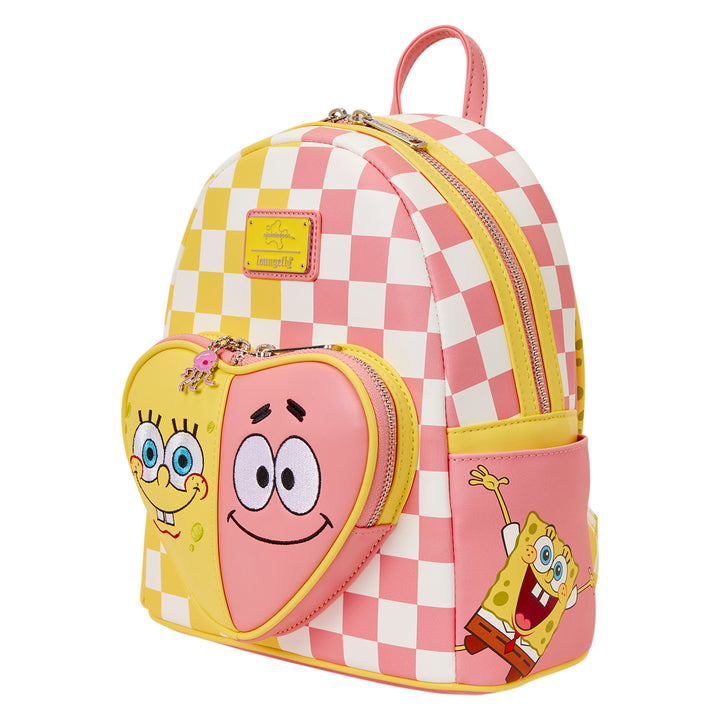 Checkered backpack with cartoon character design on a white background