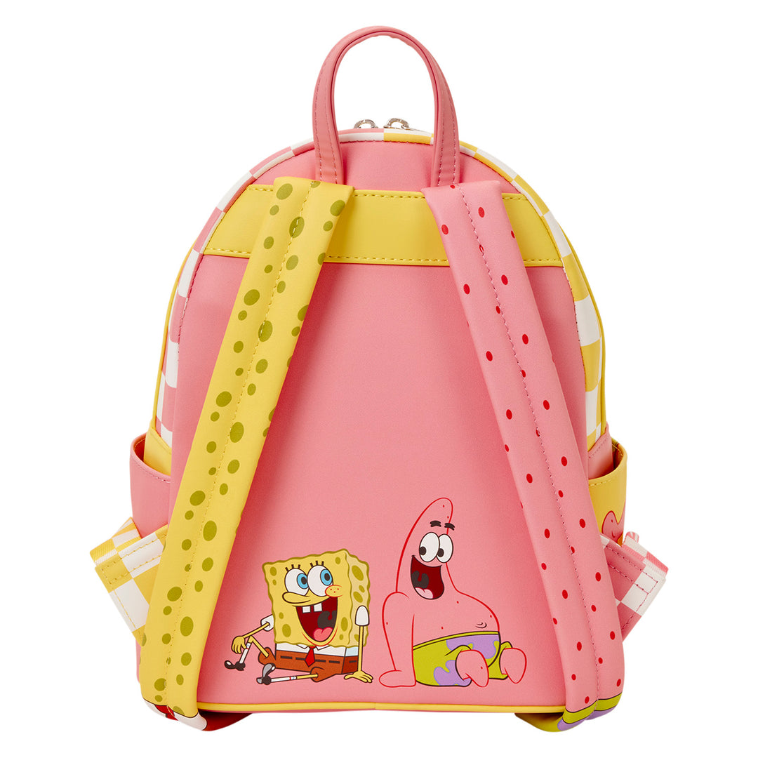 Pink backpack with cartoon characters on a white background
