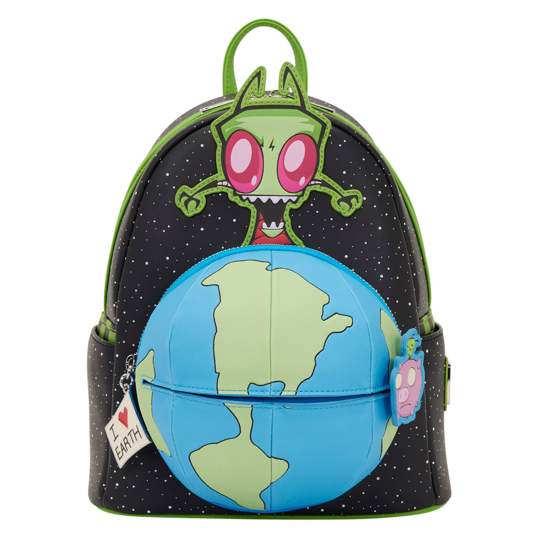 Backpack with alien design and Earth map on a white background