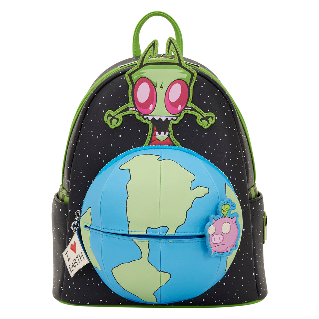 Backpack with cartoon character and globe design on a white background
