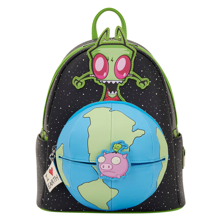 Backpack with cartoon character and globe design on a white background