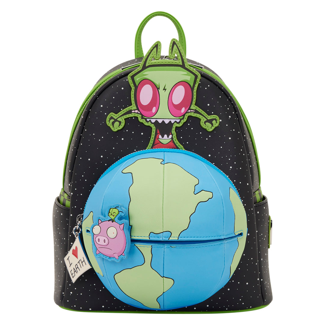 Backpack with cartoon character and globe design on a white background