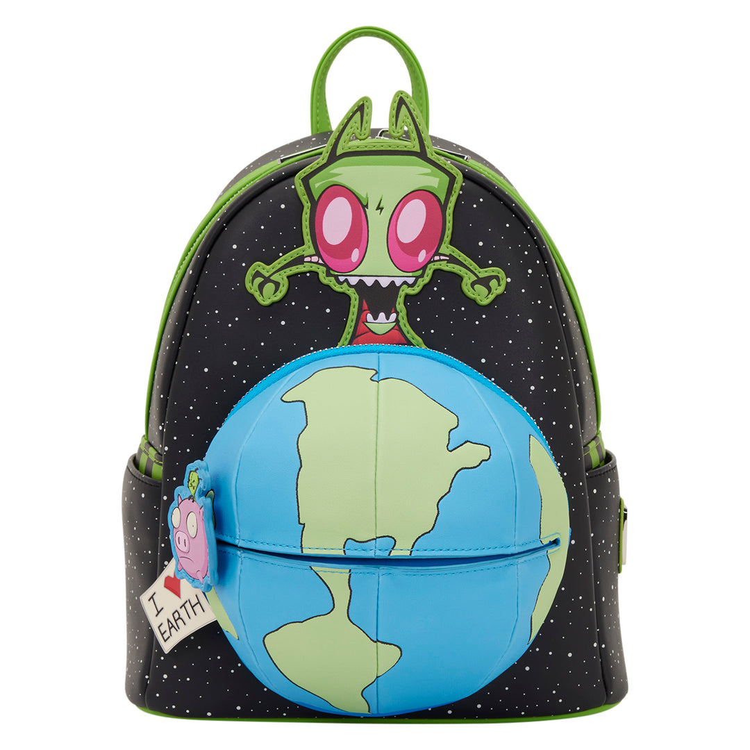 Backpack with cartoon character and globe design on a white background