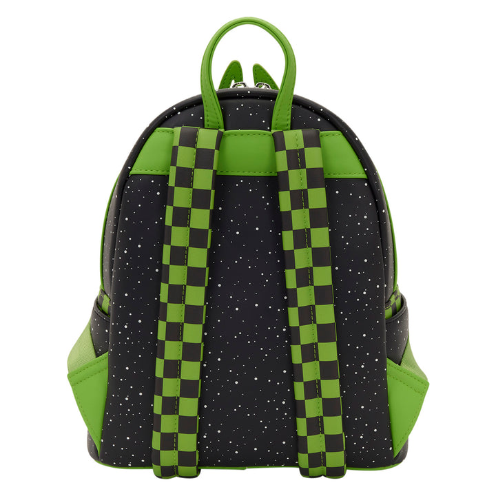 Backpack with green and black checkered straps on a white background