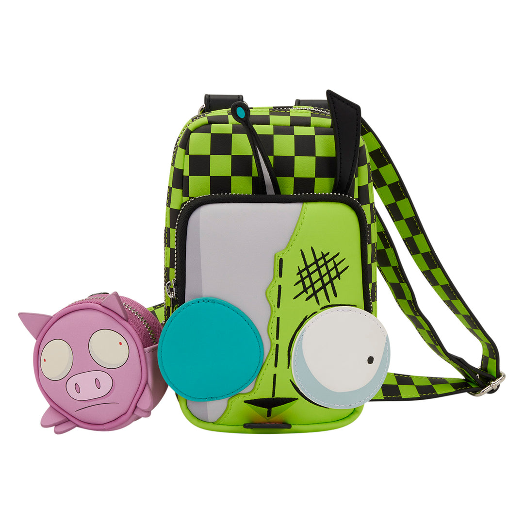 Green checkered crossbody bag with cartoon character and small purple pig-shaped pouch on a white background
