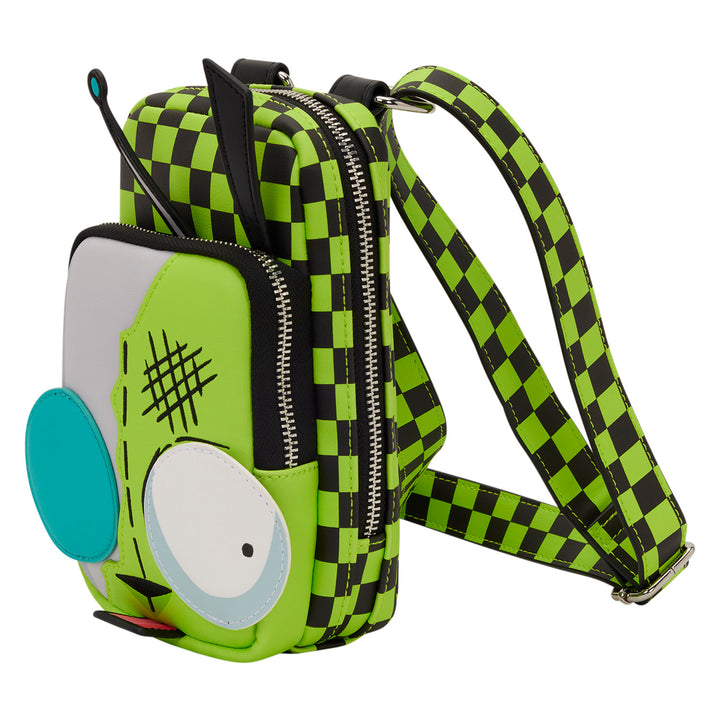Green and black checkered backpack with a cartoon character face on a white background