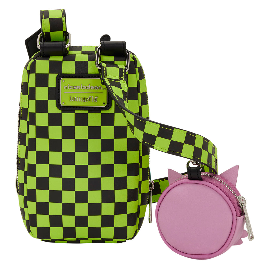 Green and black checkered bag with a pink round pouch on a white background
