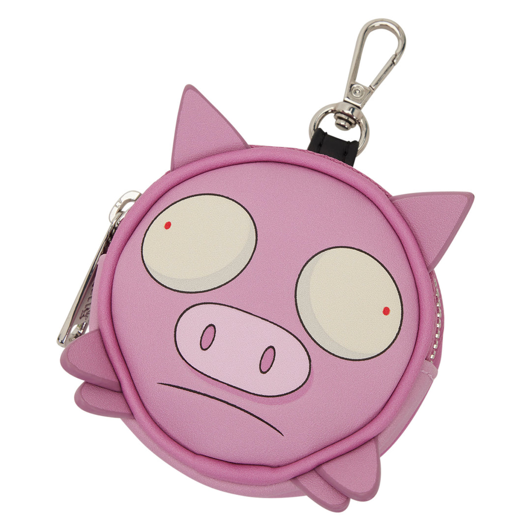 Pink pig-shaped coin purse with a keychain on a white background