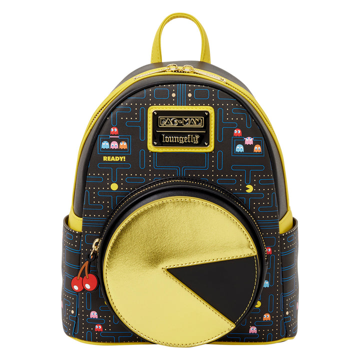 Backpack with geometric design and yellow accents on a white background