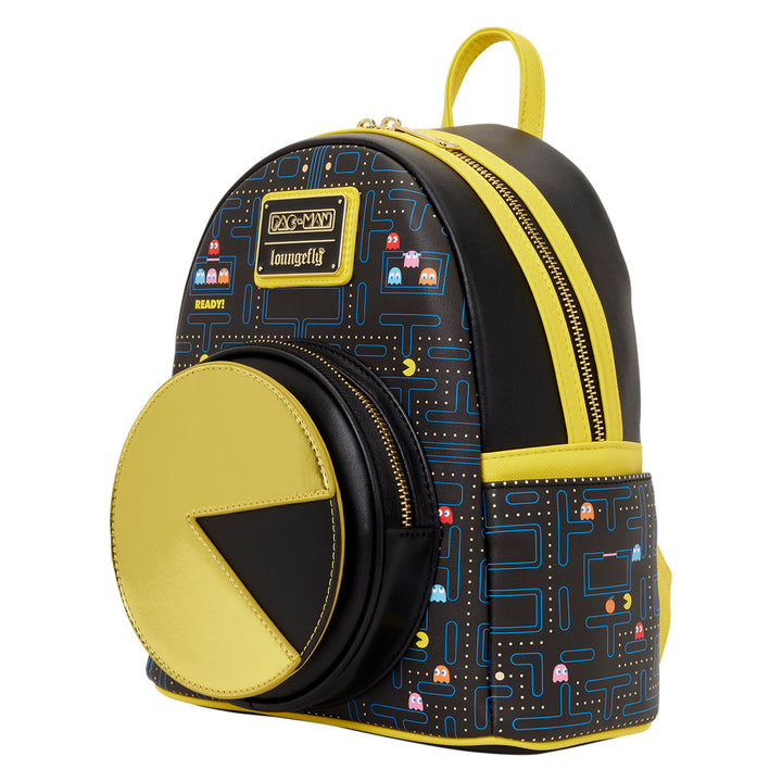 Backpack with yellow accents and a pattern on a white background