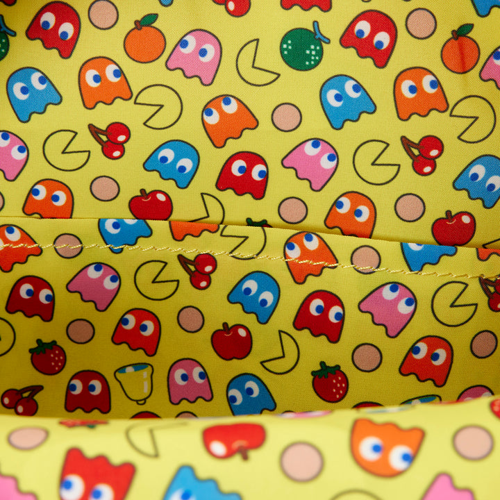 Patterned fabric with colorful characters on a yellow background