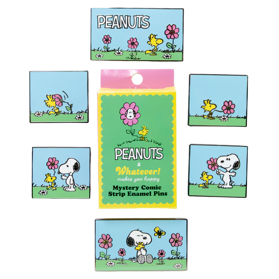 Peanuts-themed mystery comic strip enamel pins packaging with cartoon characters on a white background.