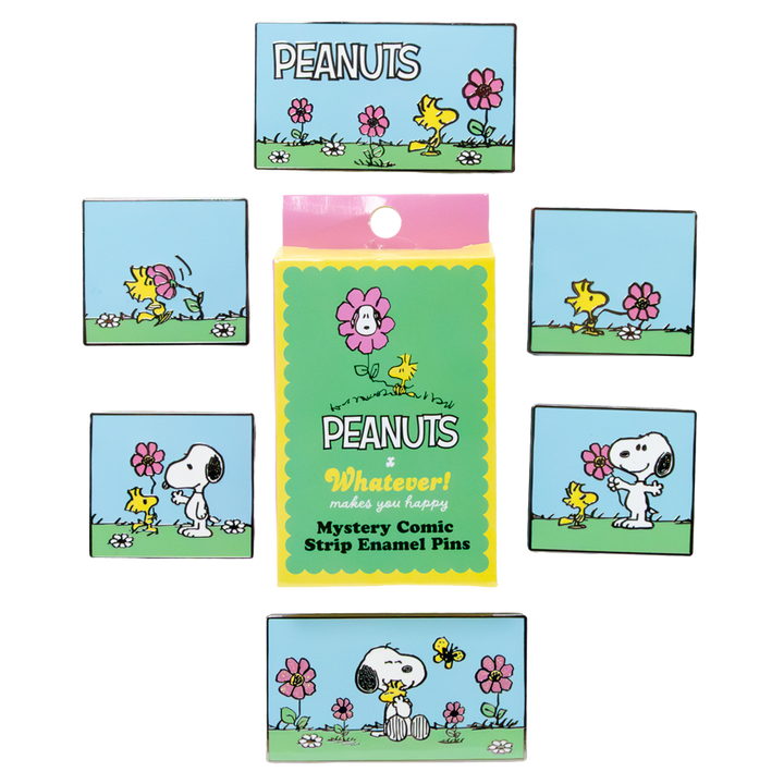 Peanuts-themed mystery comic strip enamel pins packaging with cartoon characters on a white background.