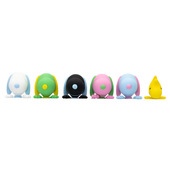 Colorful snoopy heads shaped figures arranged in a row on a white background