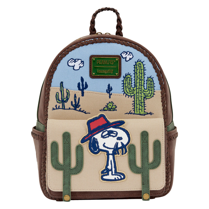 Backpack with desert design and cartoon character on a white background